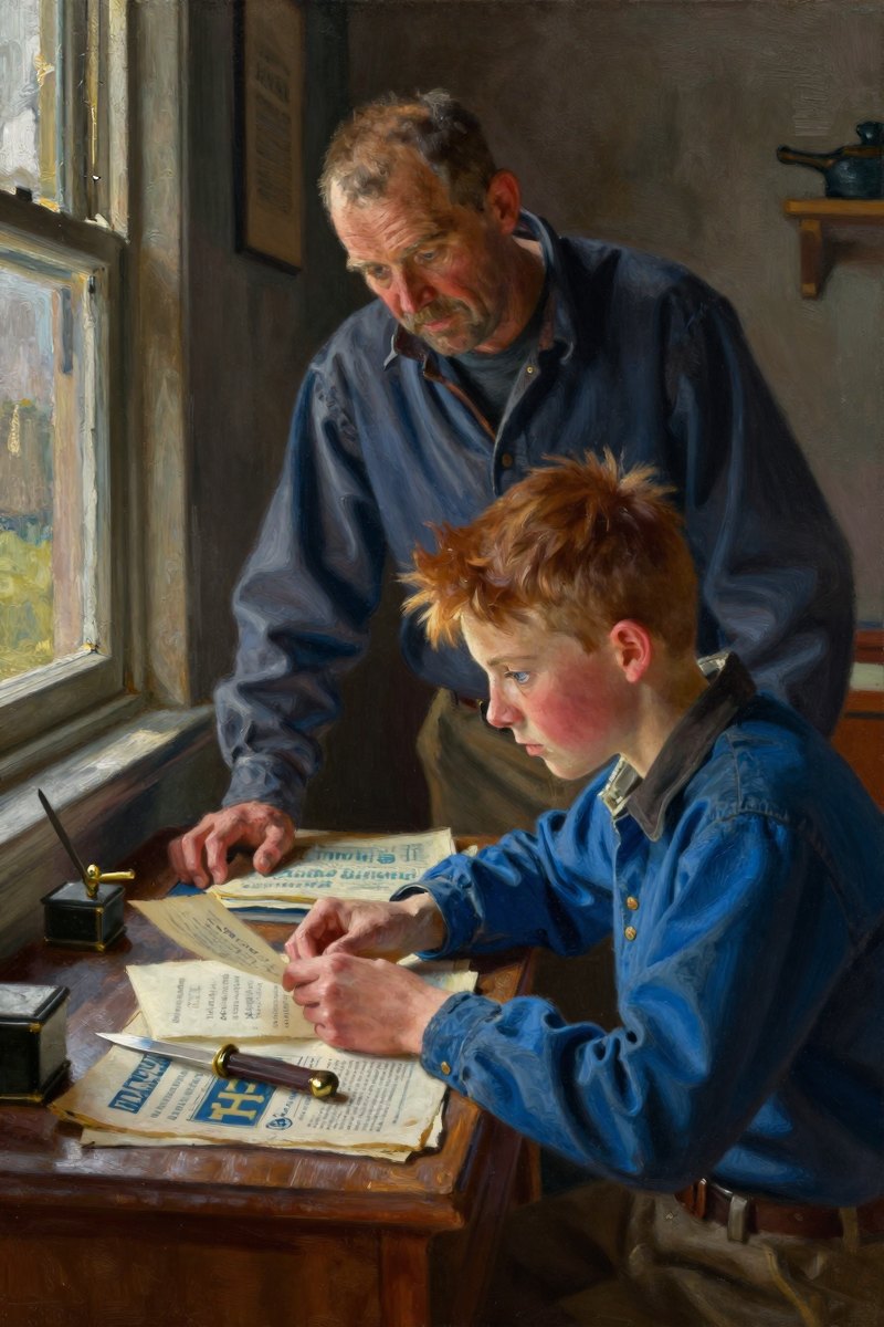 A thirteen-year-old boy, with wild chestnut hair, slight build, gray-blue eyes, rosy fair complexion, eyes lowered in thought.