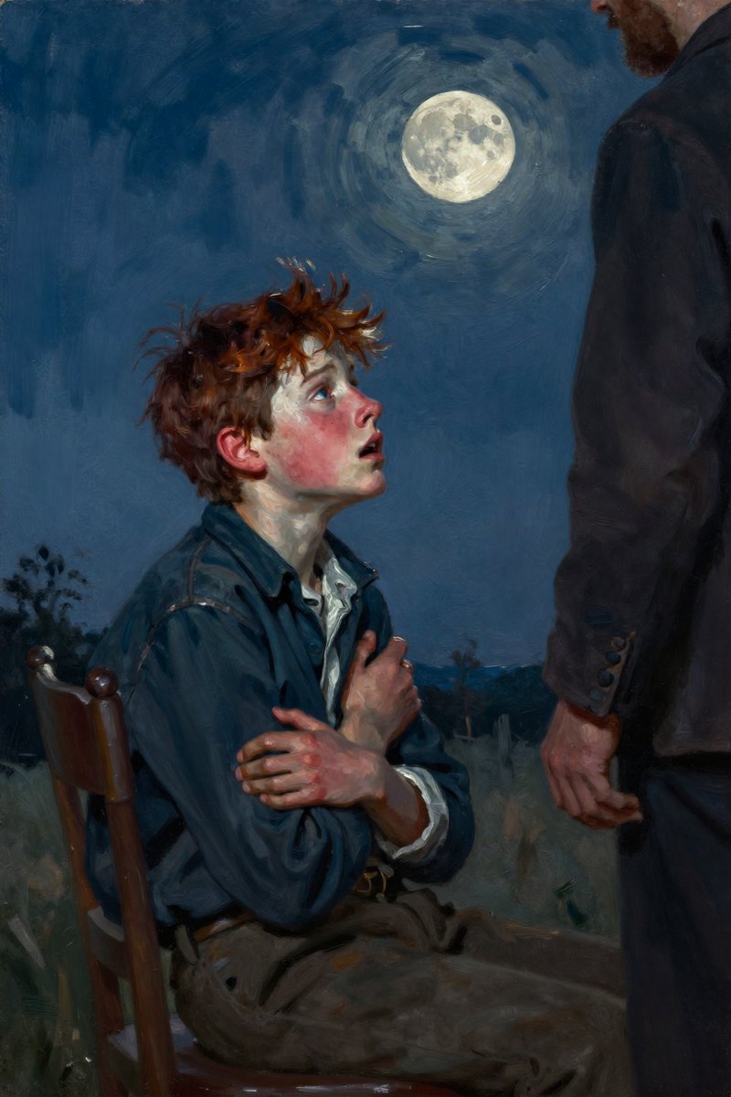 A thirteen-year-old boy, with wild chestnut hair, slight build, gray-blue eyes, rosy fair complexion, his face tight with fear, turned toward the group.