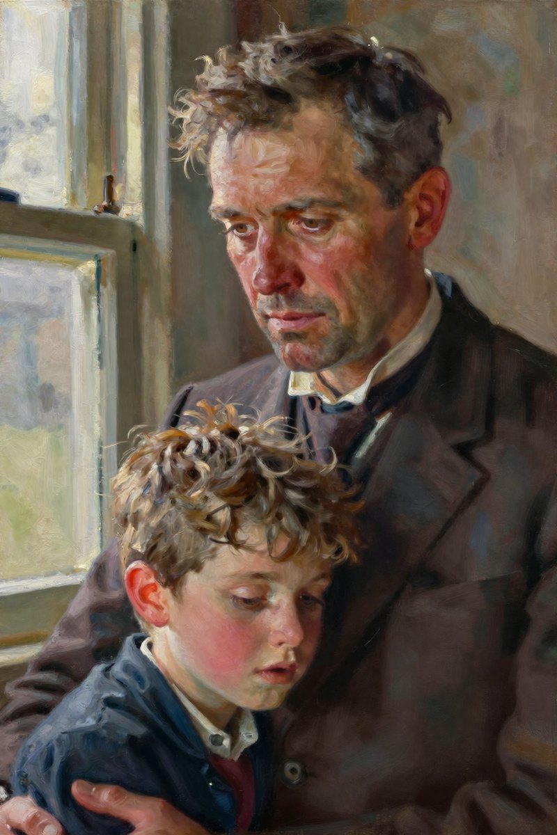 A tall, middle-aged man with a weathered face and gray hair, wearing formal attire, hazel eyes, eyes lowered in thought.