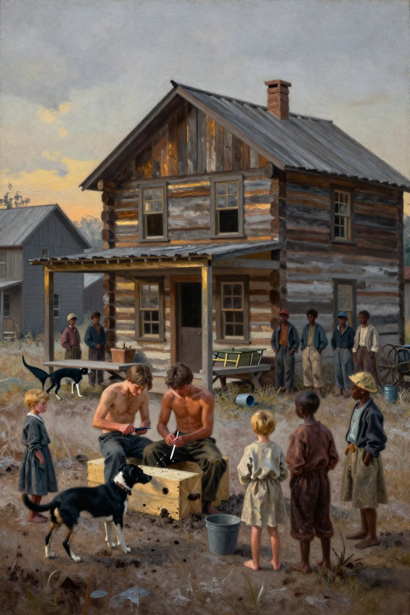 By the muddy roadside, a new log cabin stood tall as the store, its weathered boards contrasting with ten or twelve more cabins clustered nearby—some old and some.