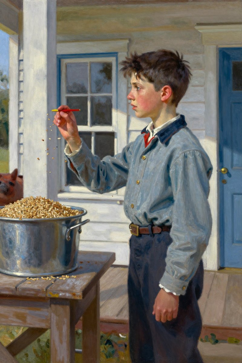 A twelve-year-old boy with dark hair and simple colonial-era clothing stands in a fine dwelling, his eyes roving from one object to another—grain, hogs, banks, eyewater, Tennessee Land.
