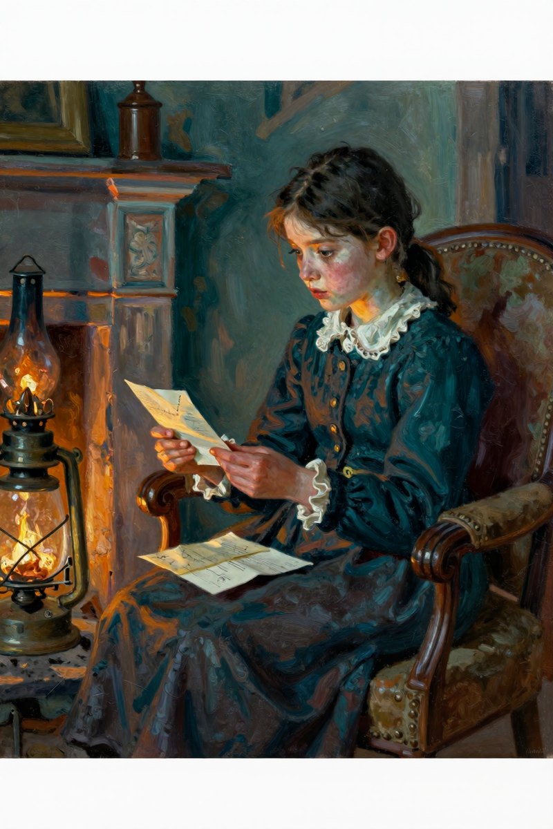 An eleven-year-old girl with fine, clean-cut features and black hair sits on a worn armchair by the fire.
