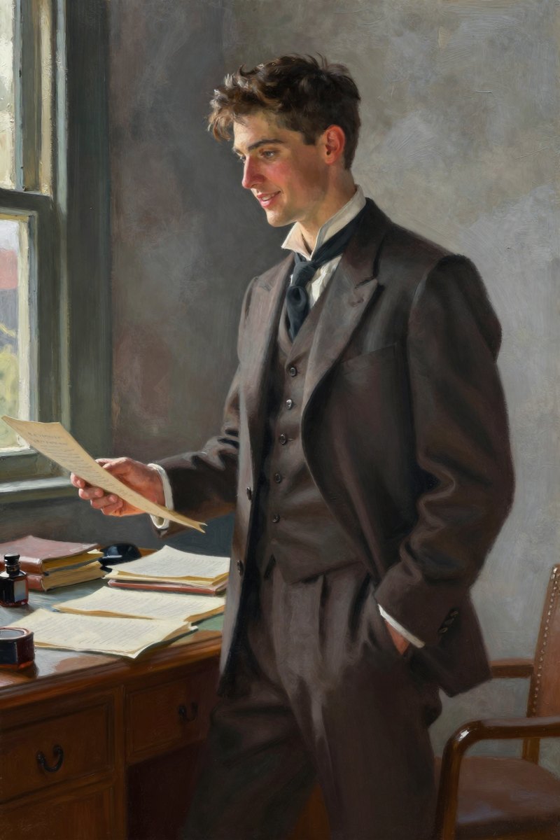 A young man of about twenty with short dark brown hair, clean-shaven face, wearing a tailored suit, gray eyes, fair complexion, his face bright with delight, looking away.