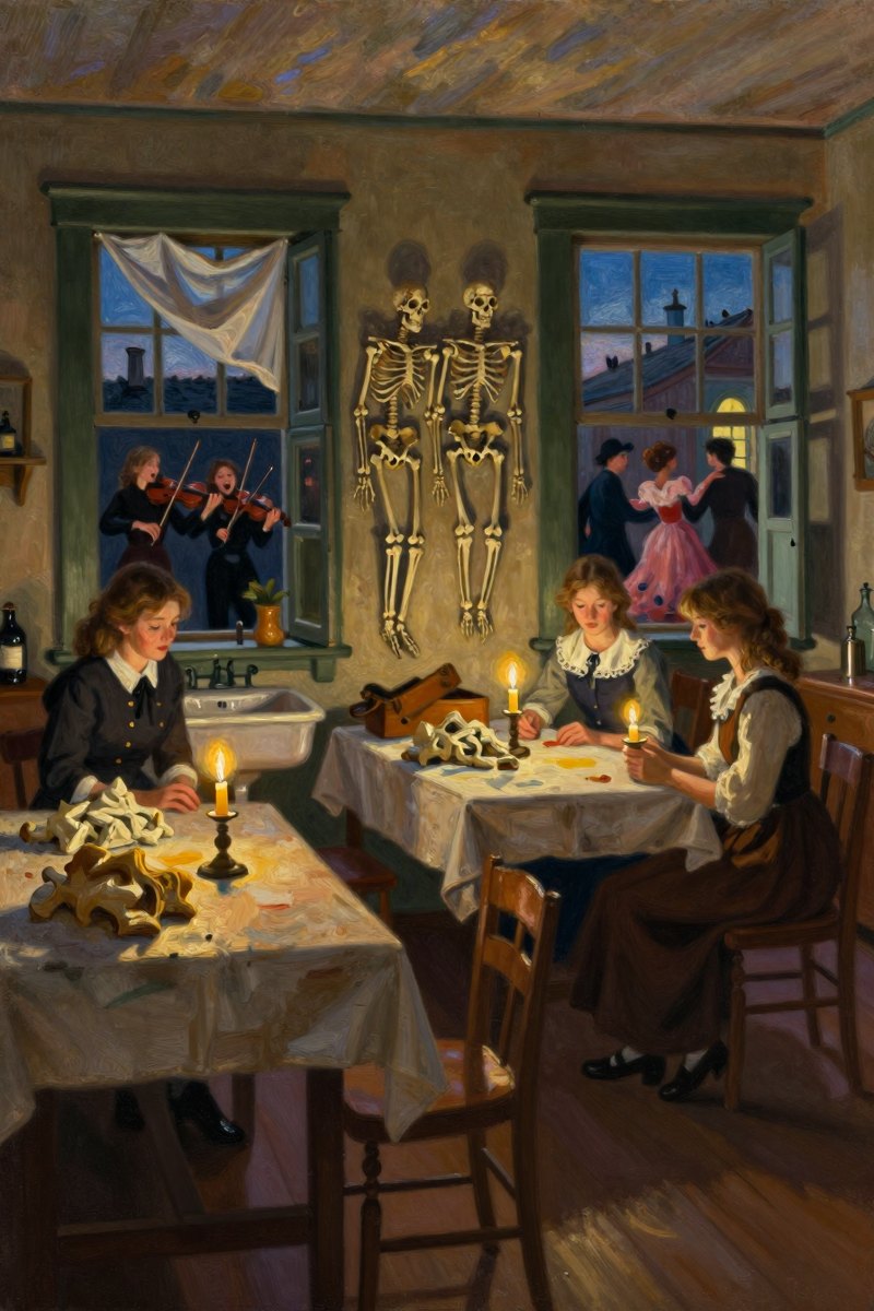 Inside, in dim light from candles held by two young women, a long apartment reveals itself.