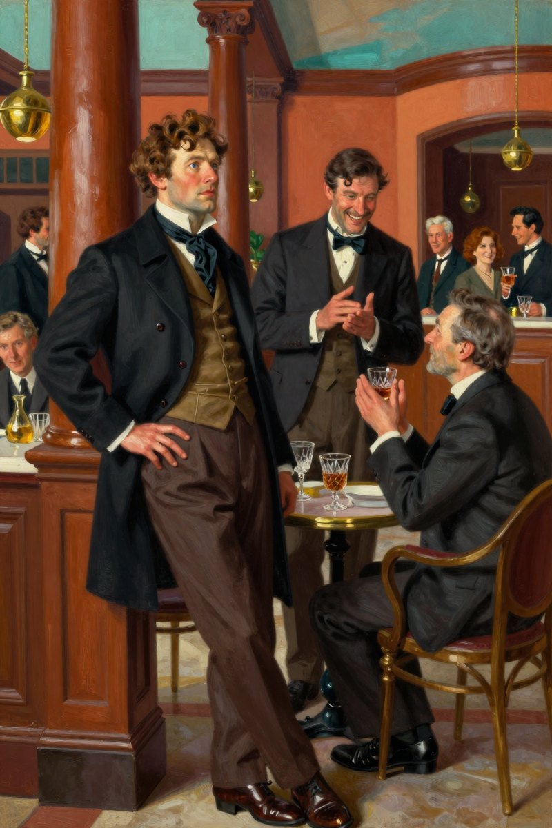 A handsome man with blue eyes, fair complexion, curly chestnut hair, dapper in a coat and cravat, broad-shouldered build, his face bright with delight, gazing off to one.