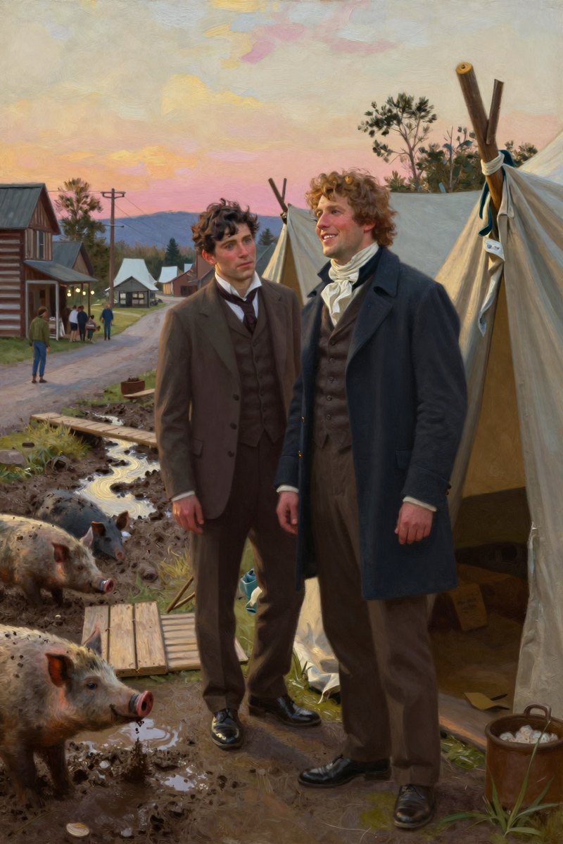 A handsome man with blue eyes, fair complexion, curly chestnut hair, dapper in a coat and cravat, broad-shouldered build, his face bright with delight, eyes on the others.