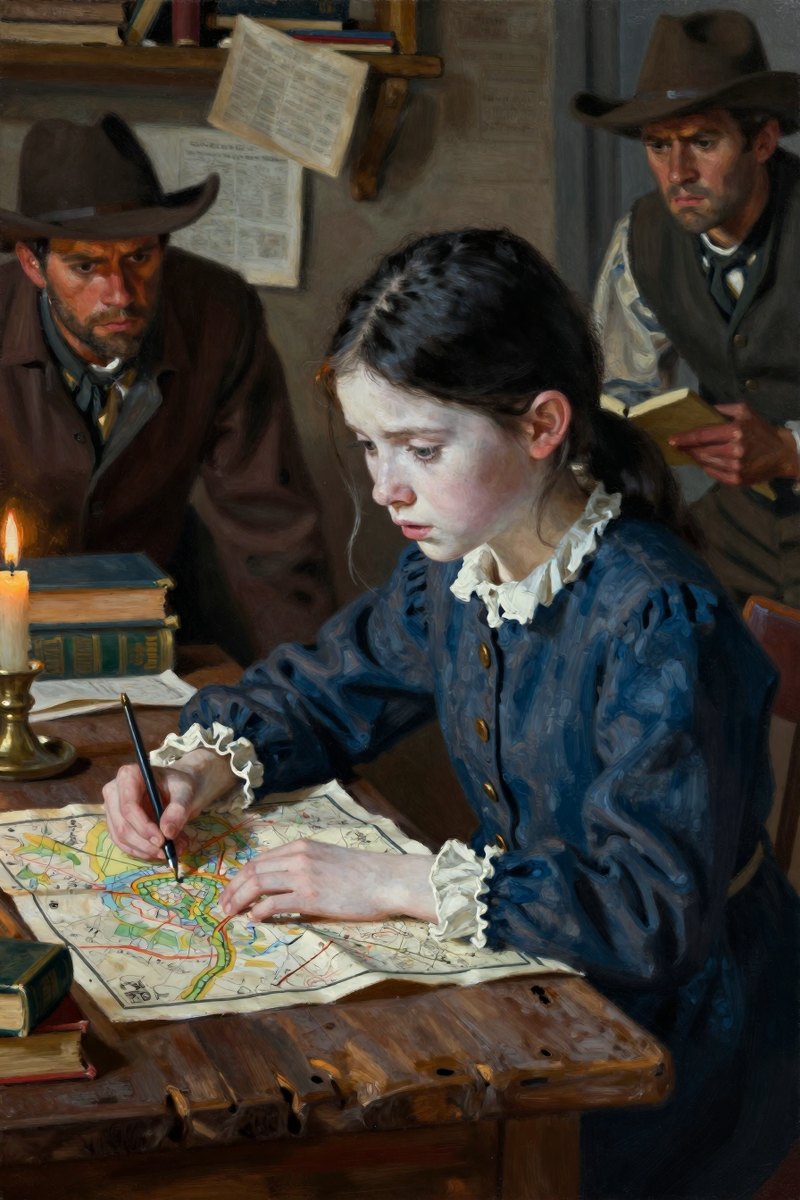 An eleven-year-old girl with fine, clean-cut features, black hair and eyes, pure white complexion, slender build, her face tight with fear, eyes lowered in thought.