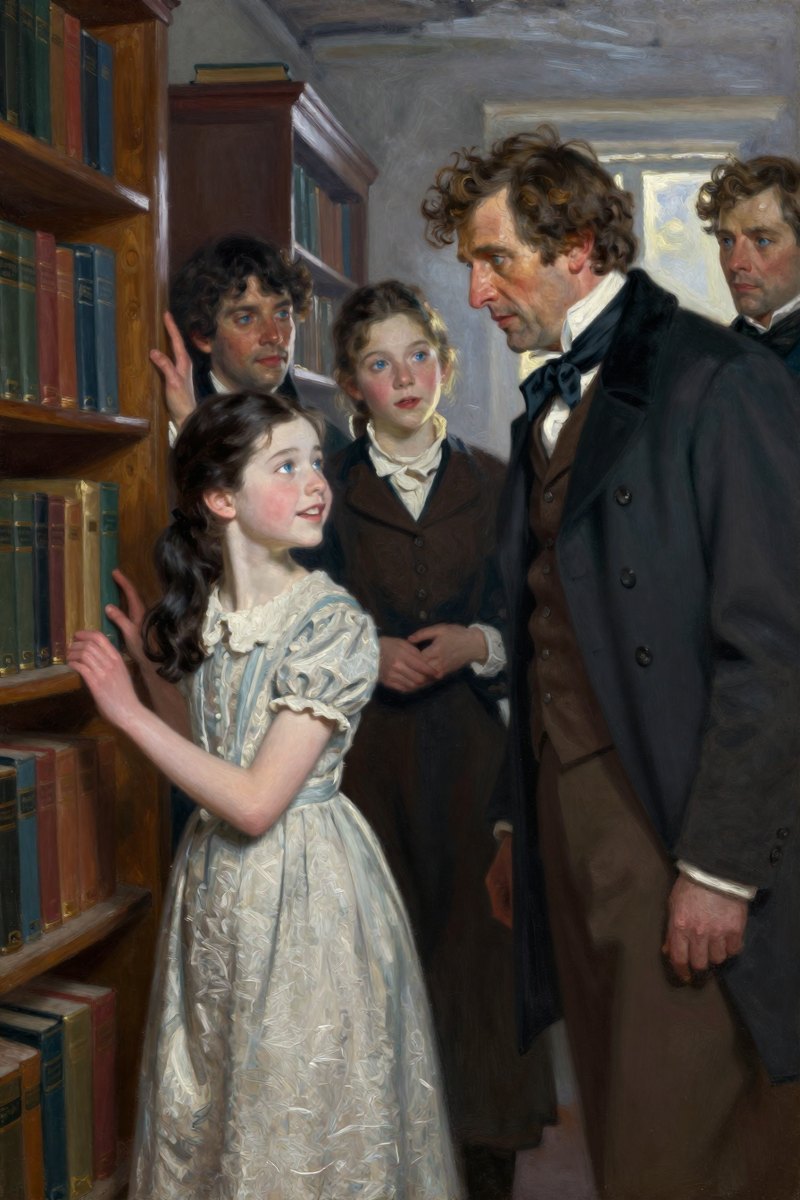 An eleven-year-old girl with fine, clean-cut features, black hair and eyes, pure white complexion, slender build, her face bright with delight, turned toward the group.