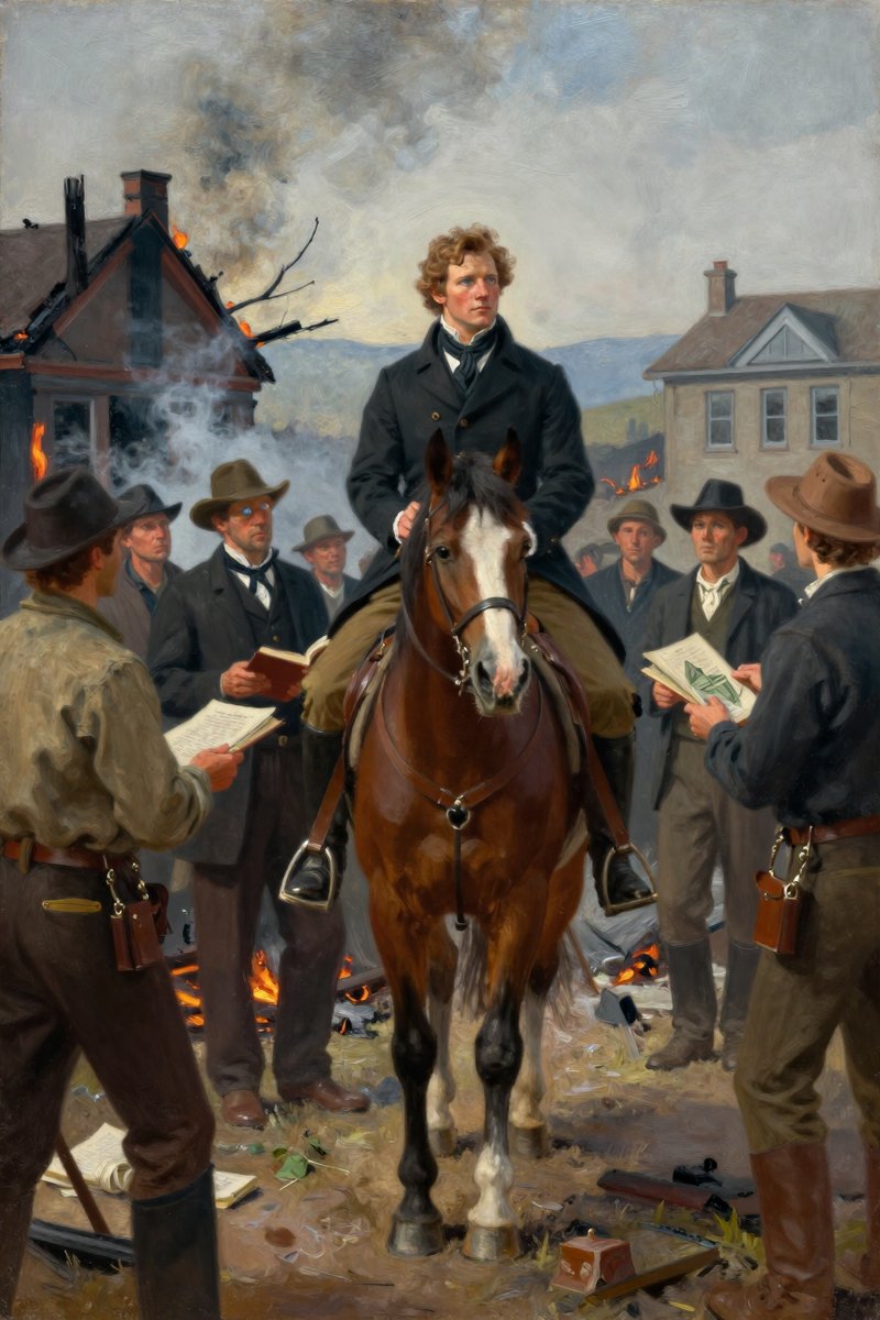 A handsome man with blue eyes, fair complexion, curly chestnut hair, dapper in a coat and cravat, broad-shouldered build, looking away from the viewer.