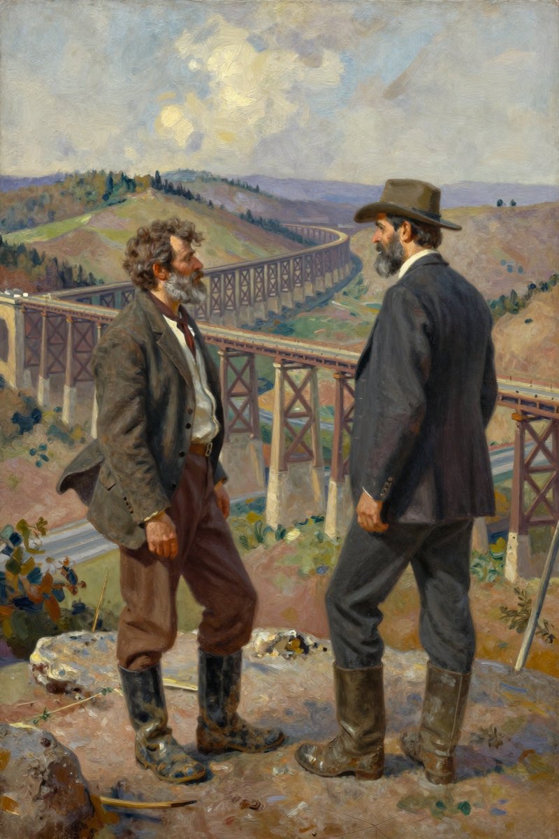 A middle-aged man with a graying beard and muddy boots stands on the edge of a rocky outcrop, surveying a landscape dotted with numerous bridges stretching across rolling.