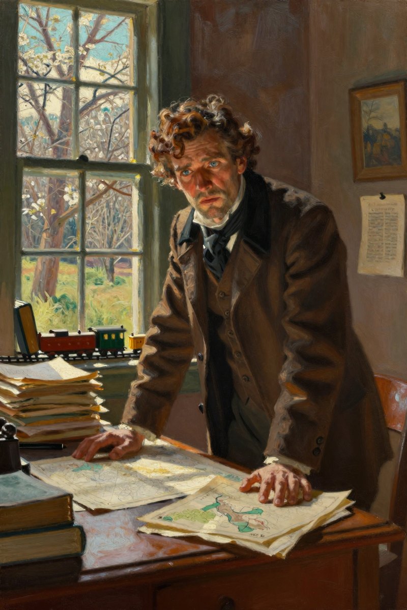 A handsome man with blue eyes, fair complexion, curly chestnut hair, dapper in a coat and cravat, broad-shouldered build, looking away from the viewer.