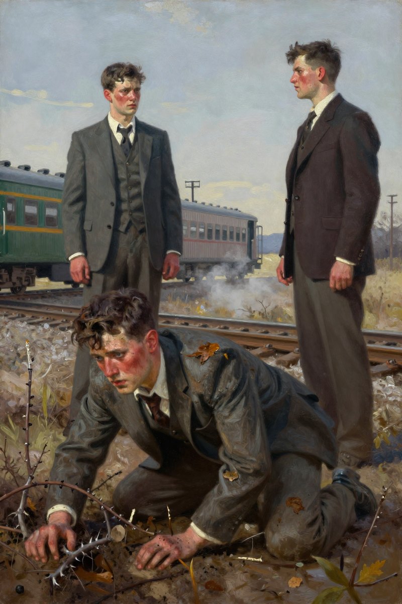 A young man of about twenty with short dark brown hair, clean-shaven face, wearing a tailored suit, gray eyes, fair complexion, his face shining with grief, gazing off.