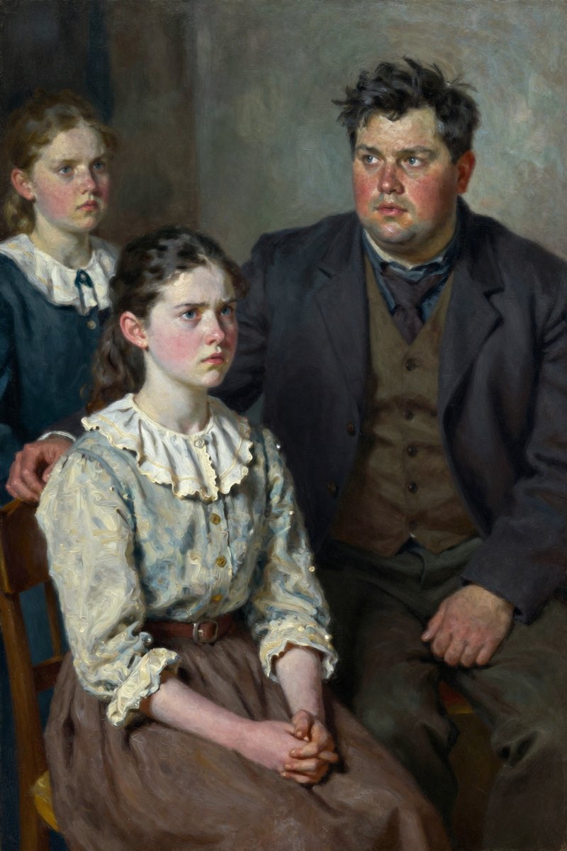 An eleven-year-old girl with fine, clean-cut features, black hair and eyes, pure white complexion, slender build, her face hard with anger, looking toward the other figure.