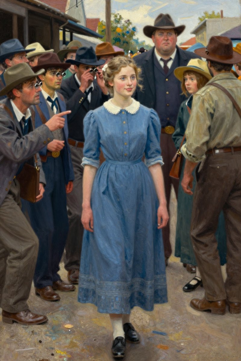 A young woman in a simple blue dress stands confidently on the bustling street, her slight smile barely visible as she glides past.