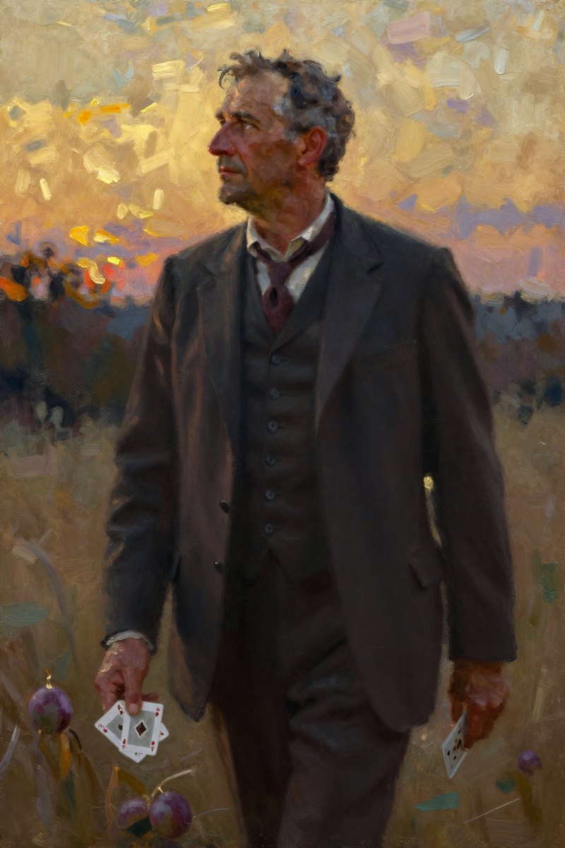 A tall, middle-aged man with a weathered face and gray hair walks homeward in the twilight, his gaze lost in thought.