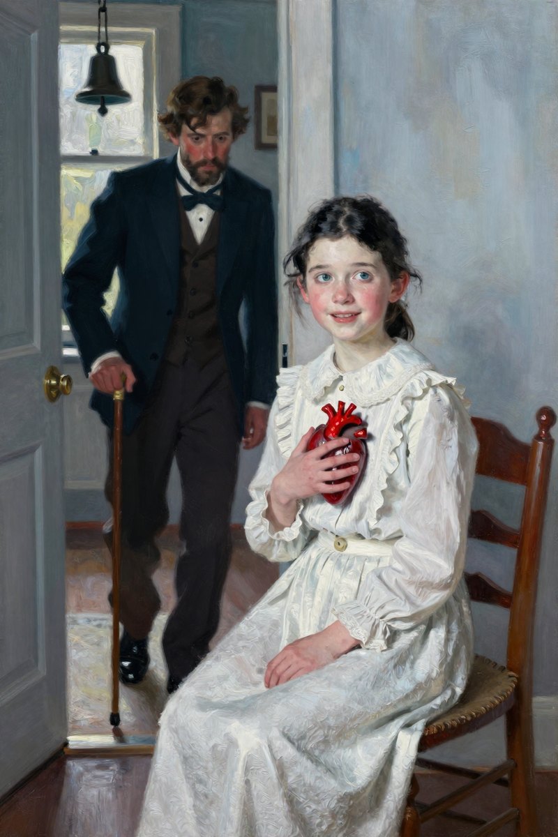 An eleven-year-old girl with fine, clean-cut features, black hair and eyes, pure white complexion, slender build, her face bright with delight, looking away from the viewer.
