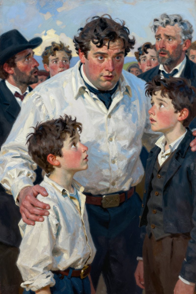 A twelve-year-old boy, dark hair, wearing simple colonial-era clothing, slight build, dark brown eyes, rosy fair complexion, eyes on the others.