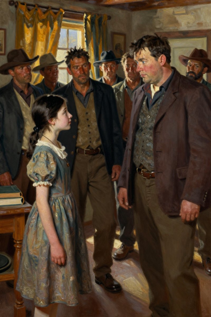 An eleven-year-old girl with fine, clean-cut features, black hair and eyes, pure white complexion, slender build, her face bright with delight, looking toward the other figure.