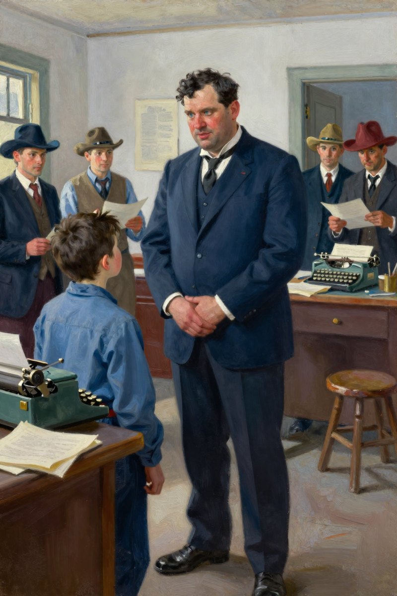 A large and portly man, with receding black hair and a pleasant face, stands in the bustling office of The officer-Feast, his hands clasped behind his back.