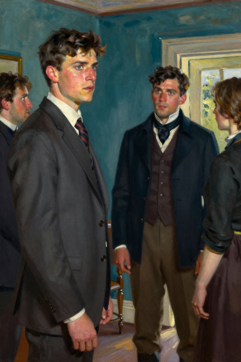 A young man of about twenty with short dark brown hair, clean-shaven face, wearing a tailored suit, gray eyes, fair complexion, his face set with determination, turned toward.