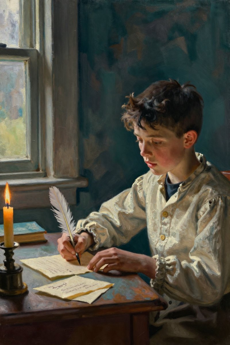 A twelve-year-old boy, dark hair, wearing simple colonial-era clothing, slight build, dark brown eyes, rosy fair complexion, eyes lowered in thought.