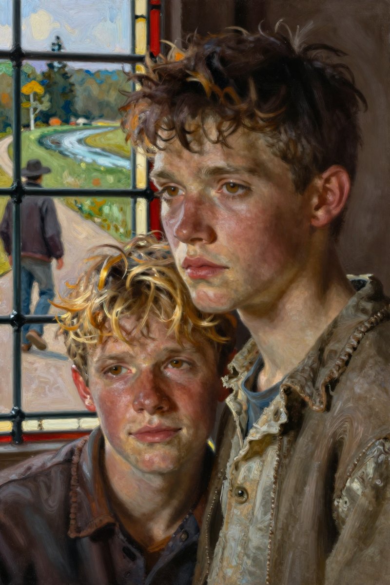 A young boy, lean build, tousled dark brown hair, brown eyes, fair complexion.