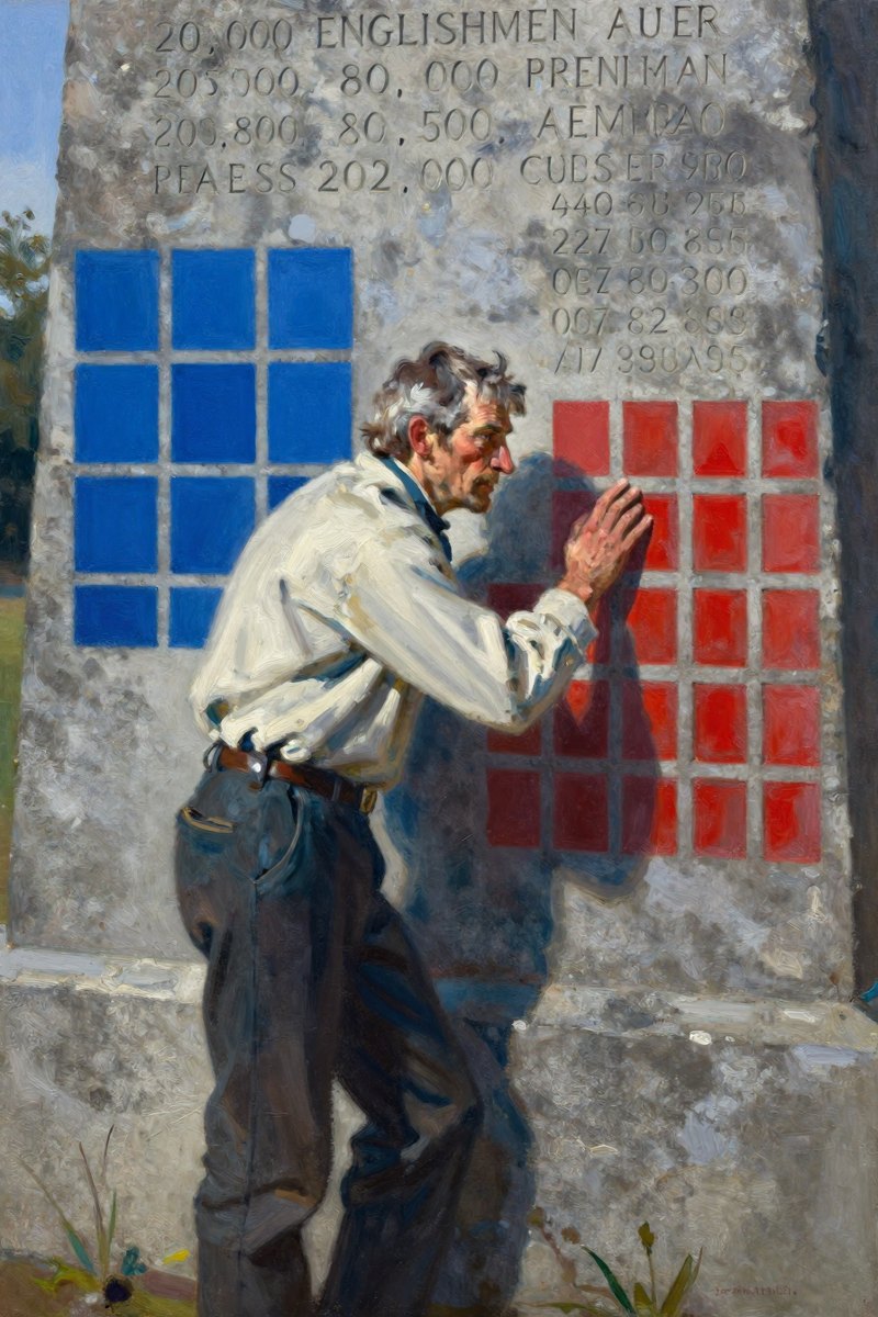 A middle-aged man with graying hair and intense gaze stands before a monument, lost in meditation.
