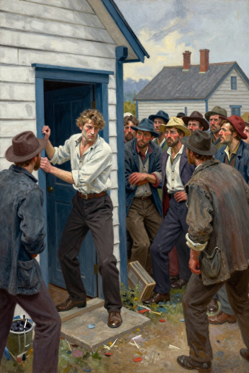 A New-Englander, a stranger to the town, stands in his cooper-shop doorway, pale and tense.