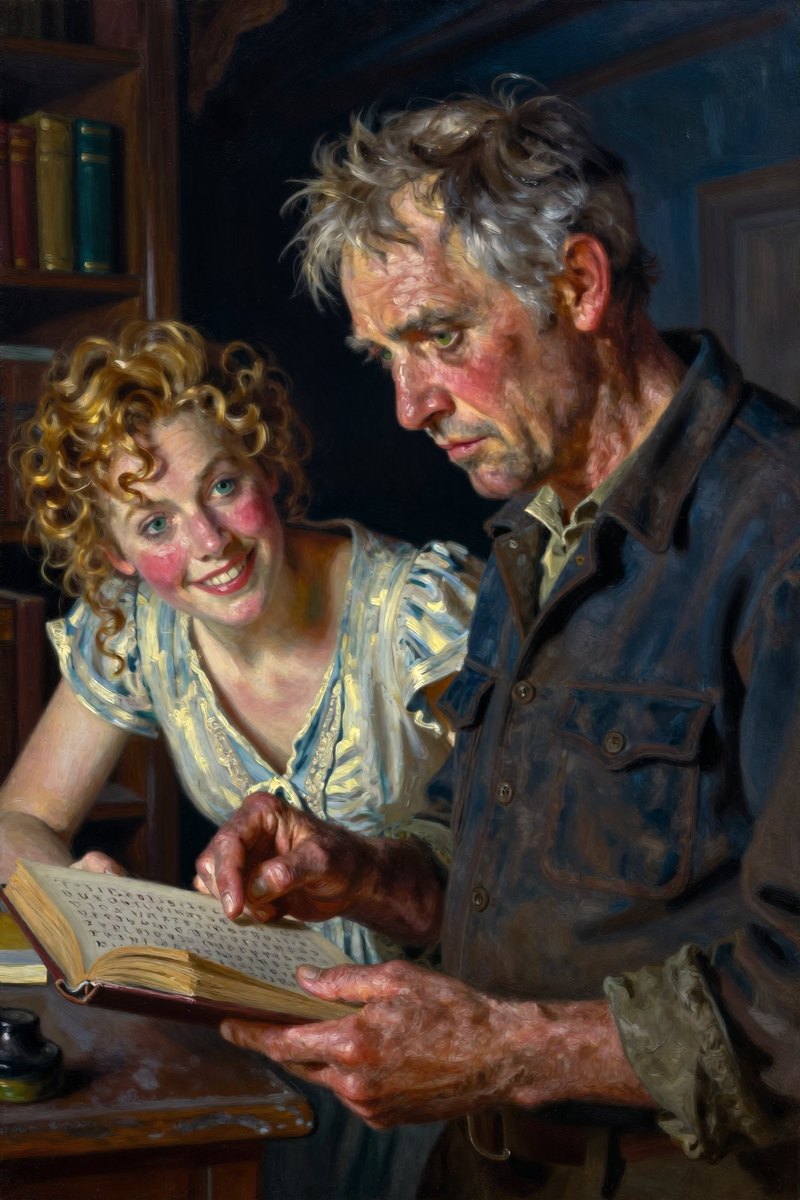 A middle-aged man with graying hair, intense gaze, broad-shouldered build, green eyes, pale complexion stands in a dimly lit library, his intense gaze fixed on the pages of.