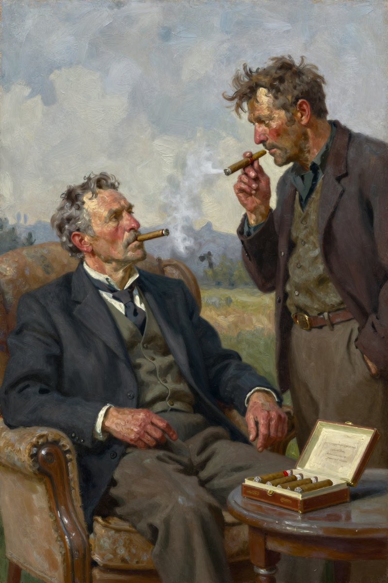 A middle-aged man with graying hair and a stern face, dressed in formal attire, leans casually against a well-worn armchair.