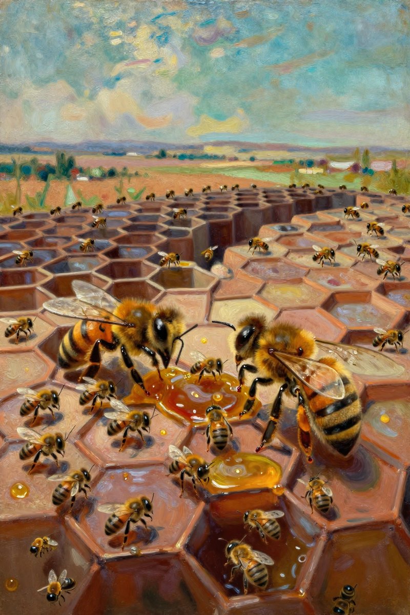 A vast, dimly lit chamber within a hive is filled with the rhythmic hum of activity.