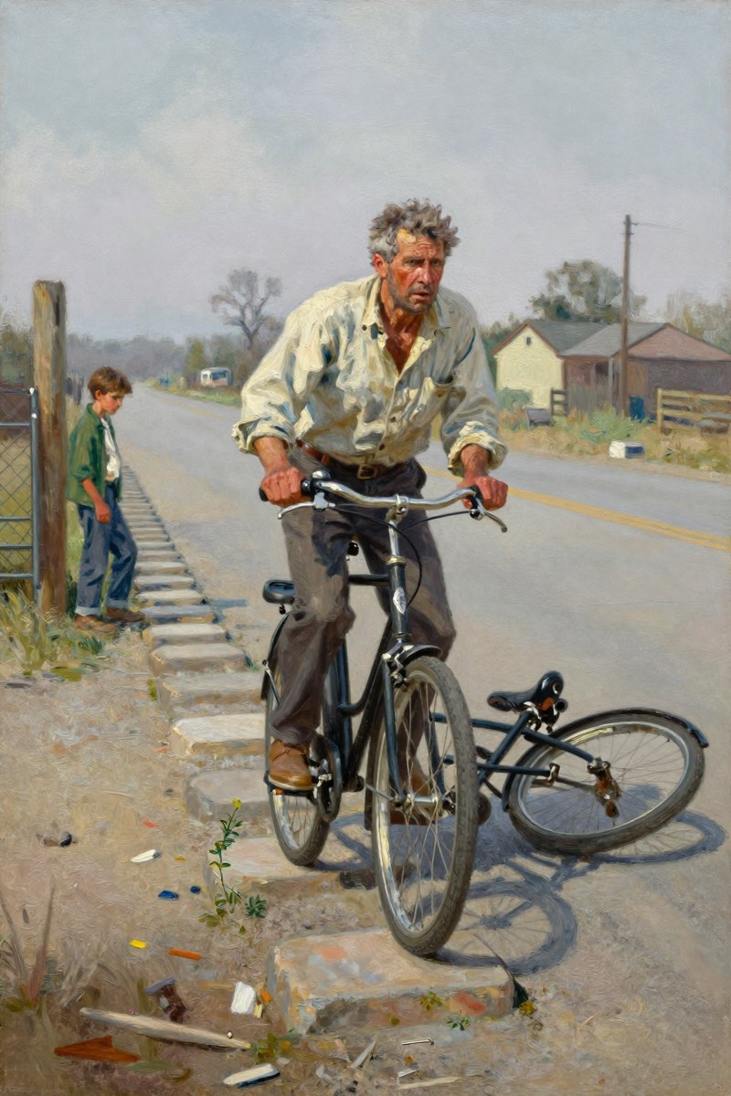 A middle-aged man with graying hair and intense gaze, broad-shouldered and pale, stands confidently on a street dotted with low stepping-stones spaced a measured yard apart.
