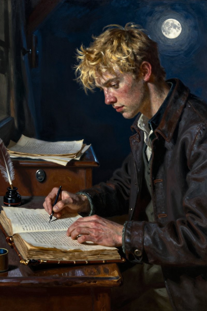 A young man of about twenty with controlled features and messy golden blond hair stands in a dimly lit room, his hazel eyes fixed intently on the pages.