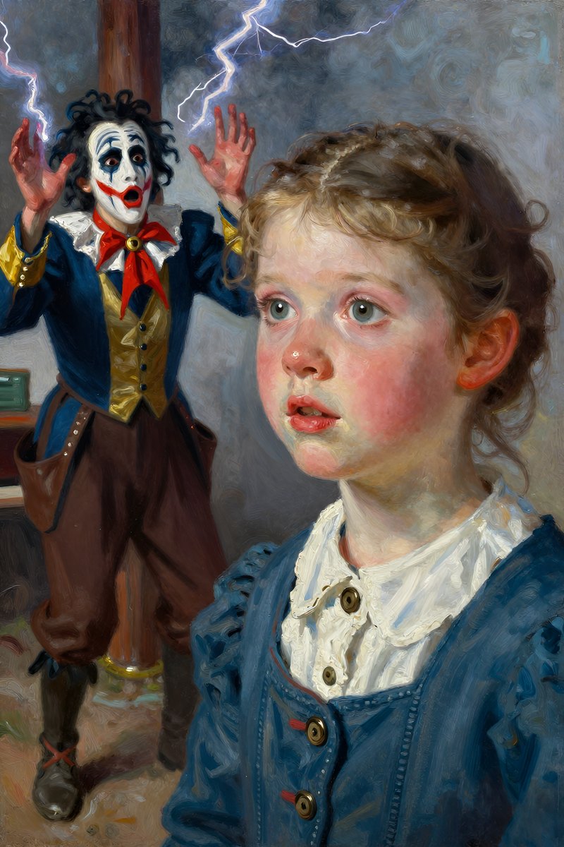 Her innocent face reflects peace, but when she notices the circus man in his fantastic make-up—painted face and bizarre costume—her hands fly up as if struck by lightning.