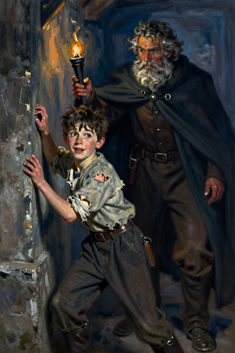 A thirteen-year-old boy with a gaunt face, dark hair falling into his eyes, wearing tattered clothing, slight build, lightly freckled complexion, his face bright with delight, looking away.