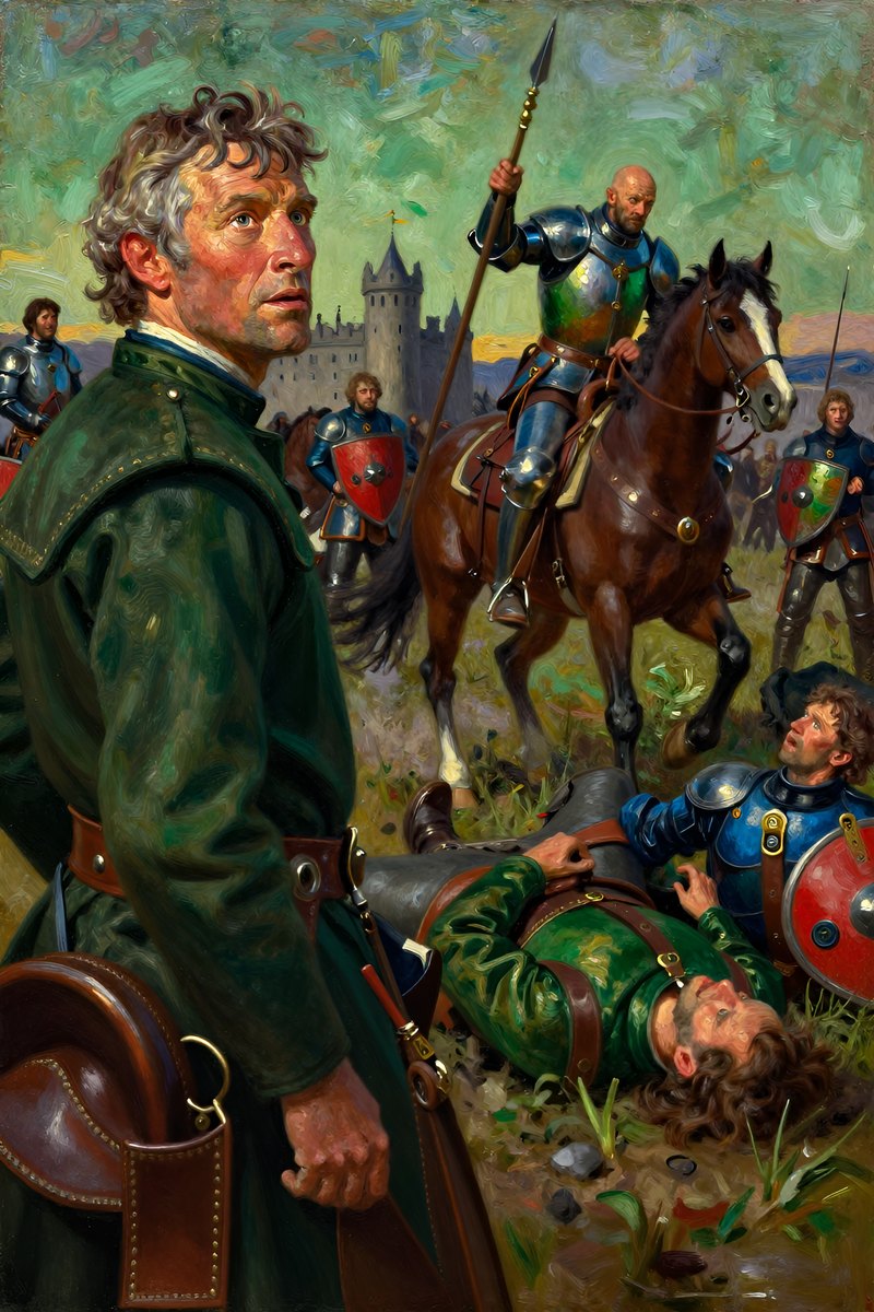 An elderly man with a weathered face, graying hair, and noble bearing, stocky build, hazel eyes, eyes on the others.