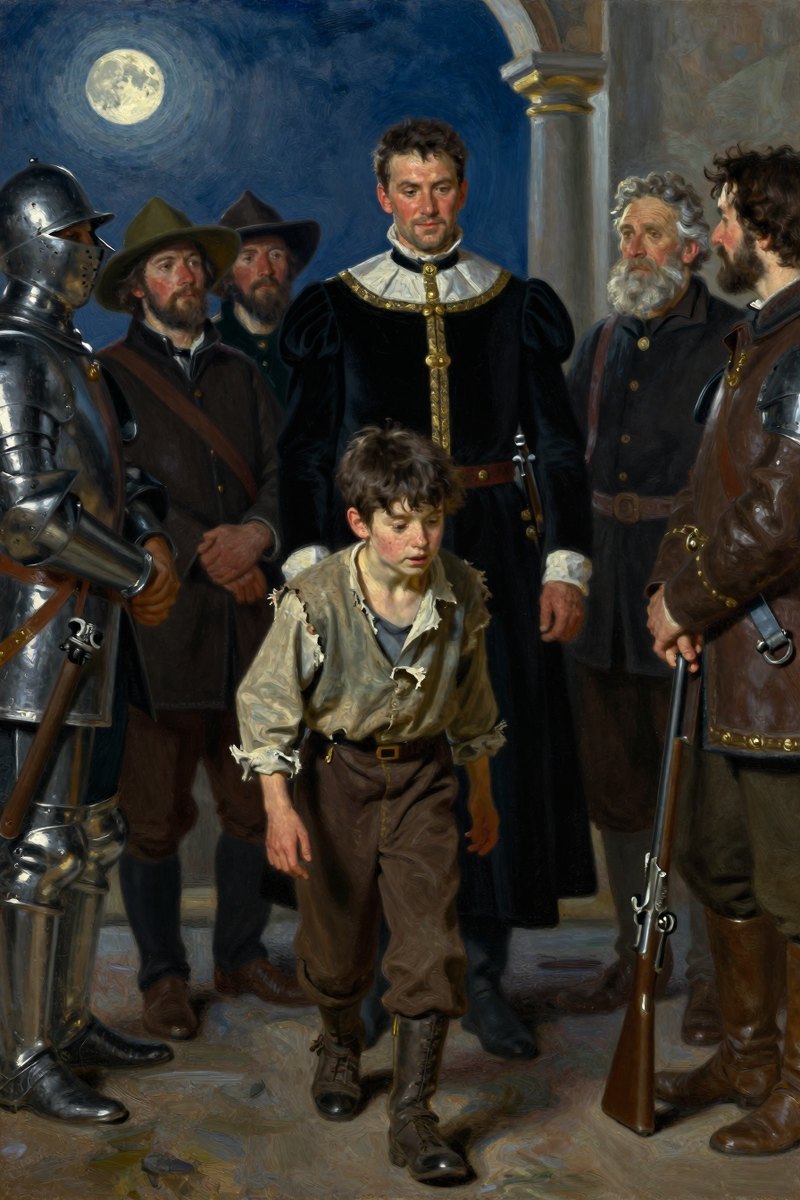 A thirteen-year-old boy with a gaunt face, dark hair falling into his eyes, wearing tattered clothing, slight build, lightly freckled complexion, his face bright with delight, eyes lowered.