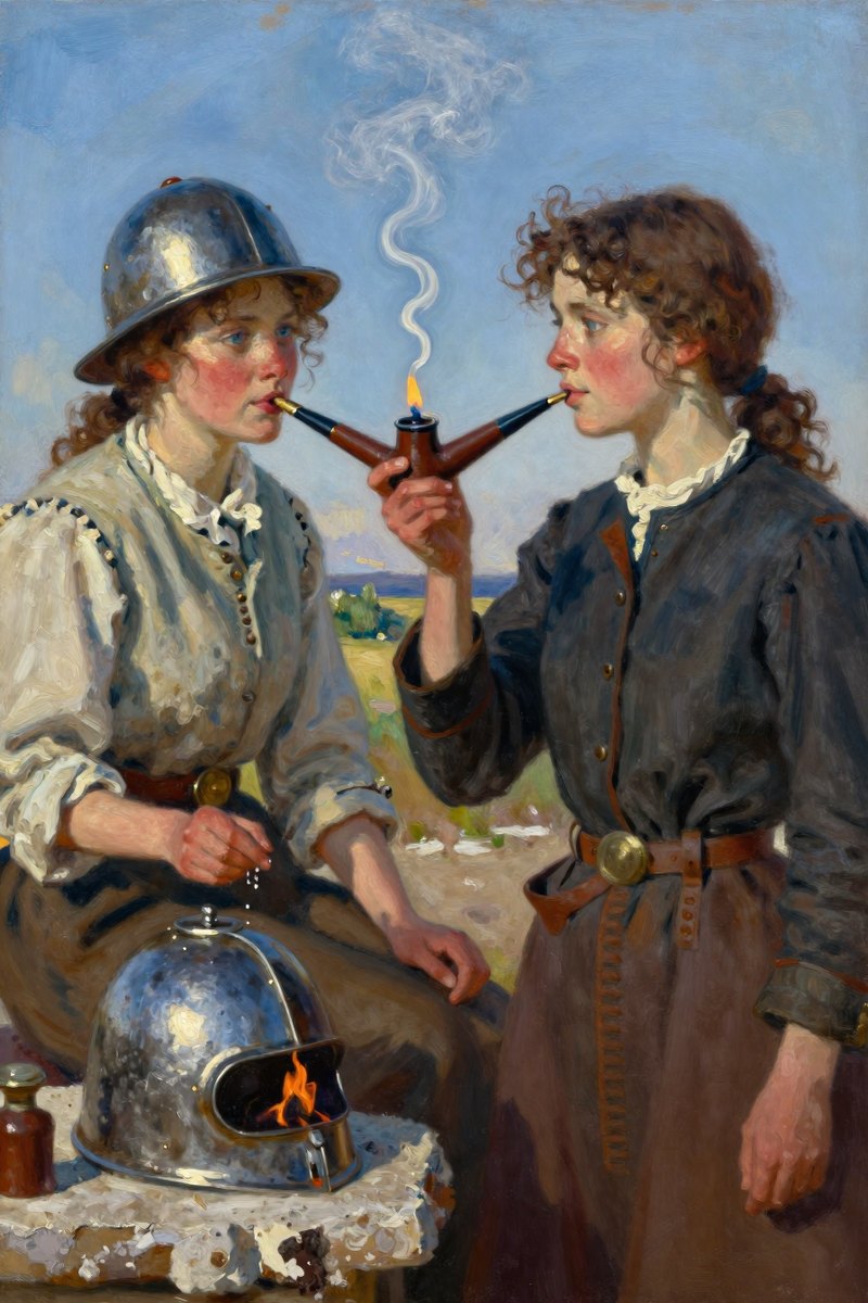 Sandy, a young woman with curly light brown hair and radiant gray-blue eyes, stood by the armor where she had been pouring water.