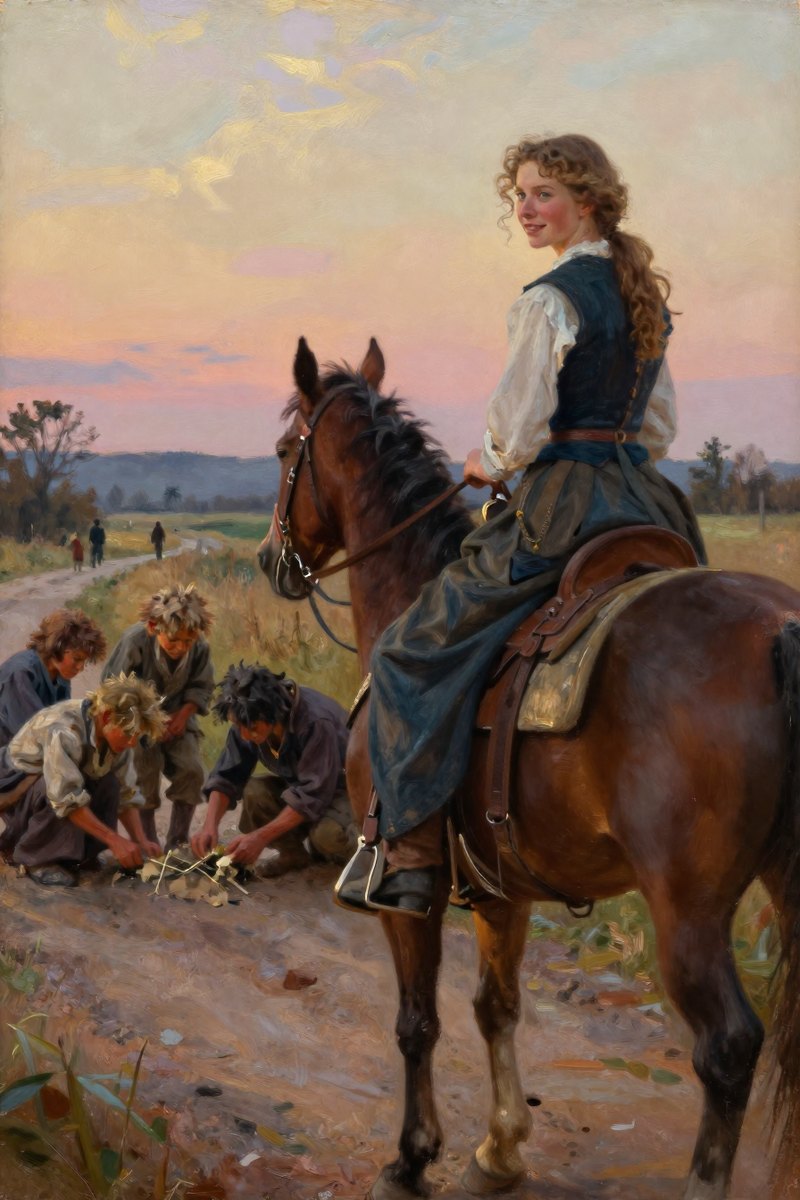A young woman with curly light brown hair and a radiant face rides gracefully on horseback, her fair complexion illuminated by the early morning sun.