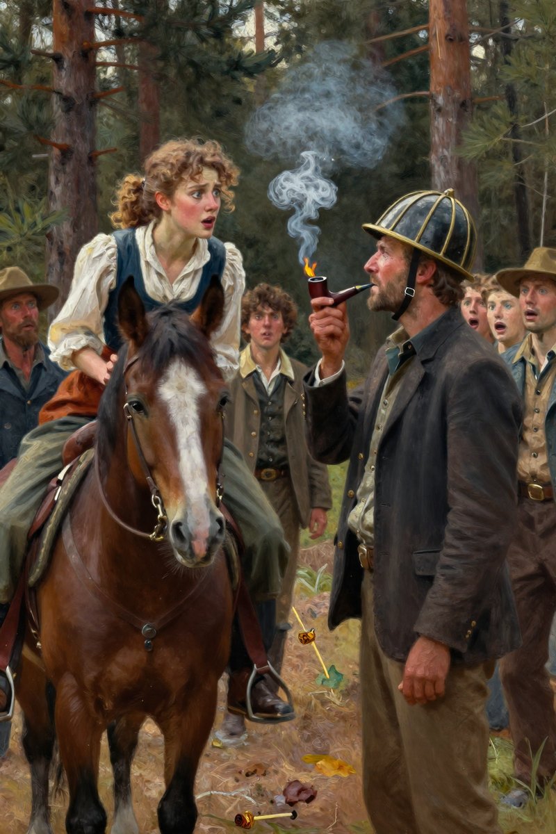 A young woman with curly light brown hair and a radiant face, mounted on a horse beside the man she watches in alarm as he lights his pipe.