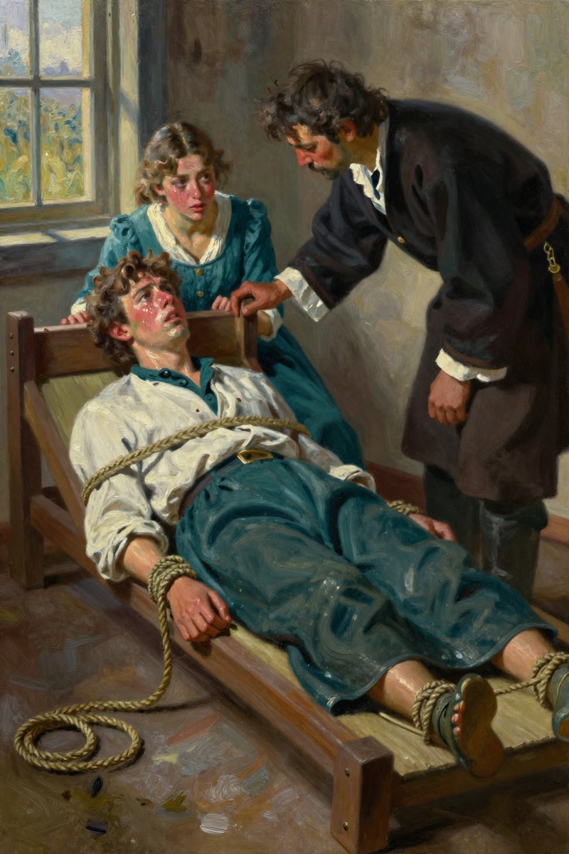 A native young giant, his face contorted and sweat-drops glistening on his forehead, lies bound to a rack-cell frame with ropes tied tightly around his wrists and ankles.
