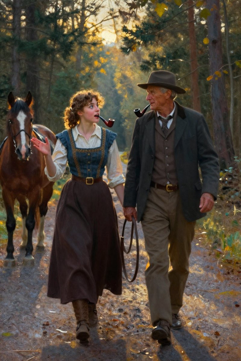 A young woman with curly light brown hair and a radiant face stands beside an older man, both walking on the road.
