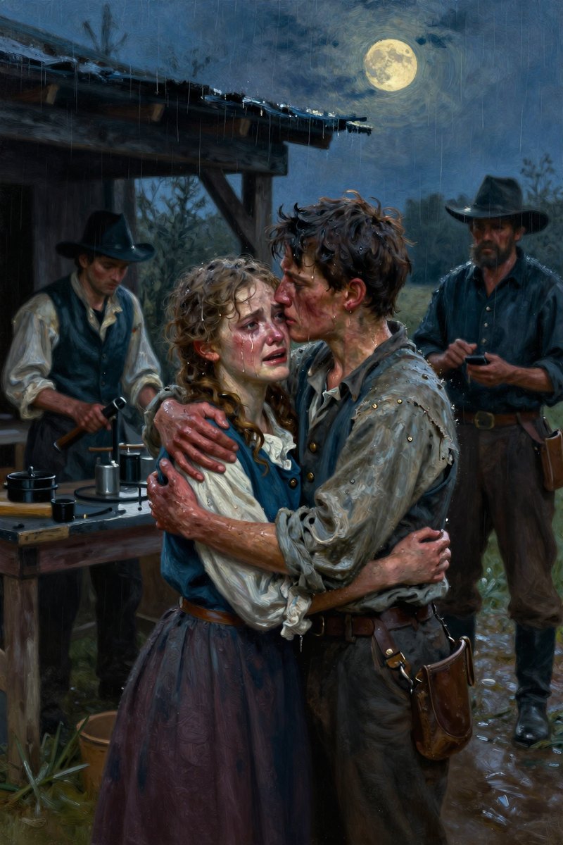 A young woman, the girl, stands sobbing into the arms of a gaunt-faced boy.