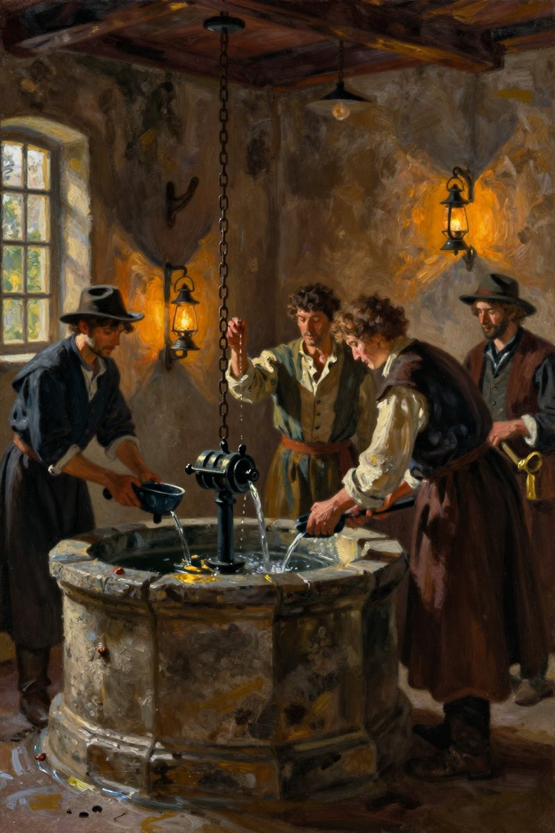 The well is dimly lit by lamps, and water is drawn from it using a windlass and chain operated by monks, who pour the water into troughs leading.