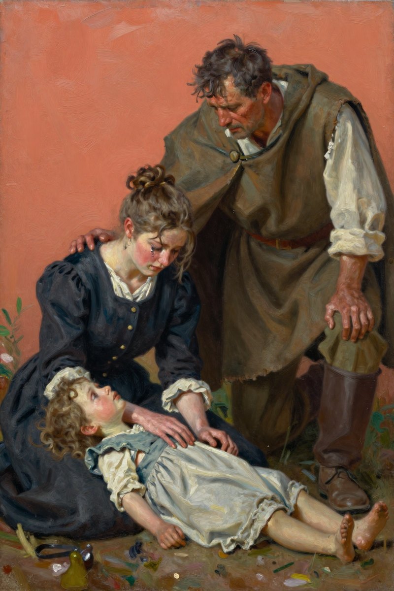 A young woman with a radiant face and graceful build sits hunched over, her eyes fixed on the lifeless form of a child lying beside her.