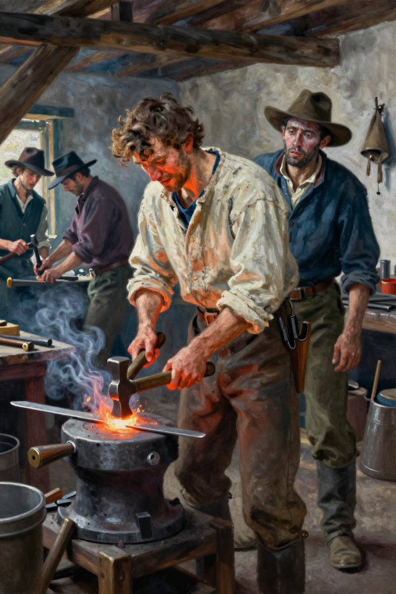 A blacksmith's shop filled with the clatter of hammers and the smell of heated metal.