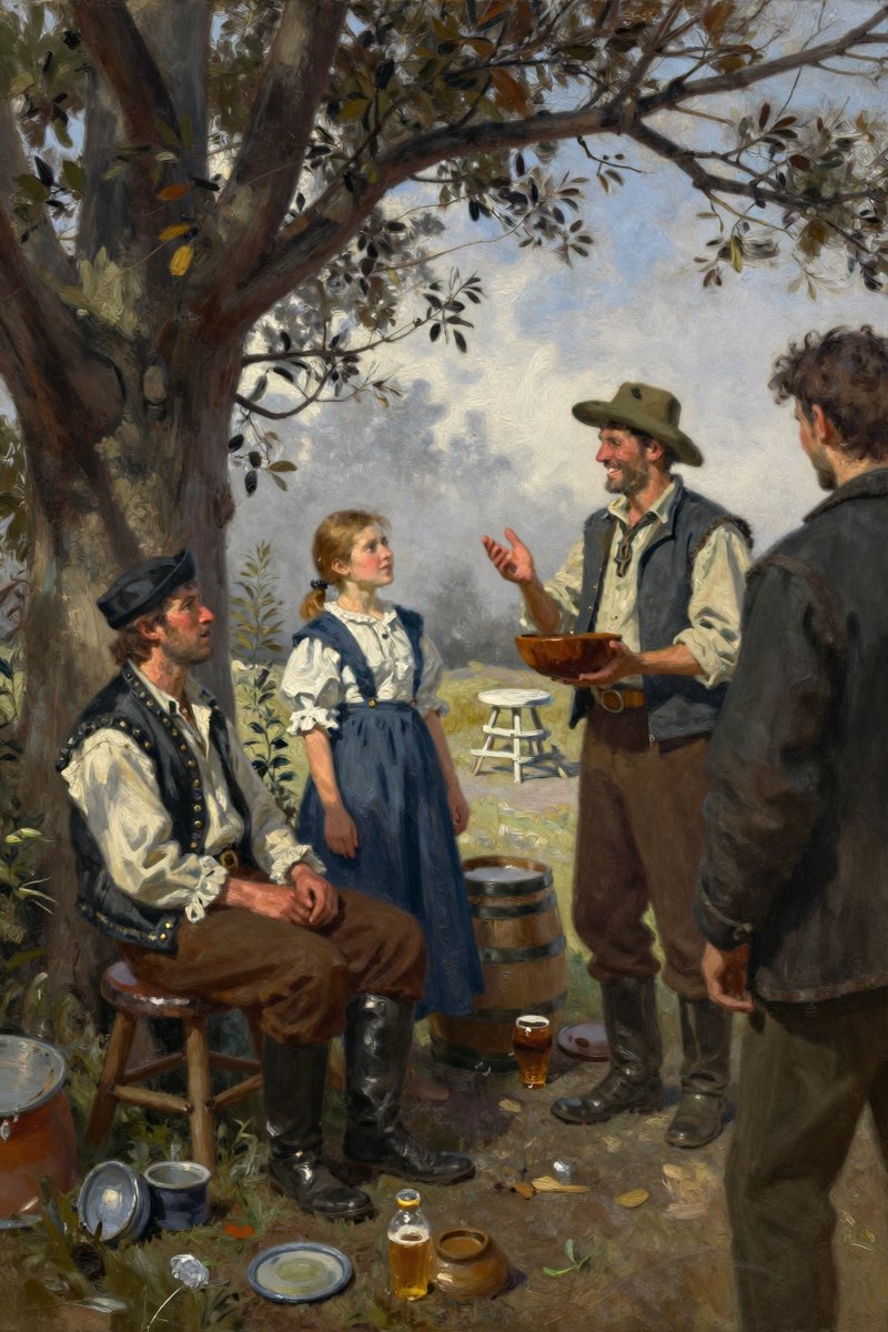 A sunlit clearing in the woods, a great tree providing shade and shelter for several figures.