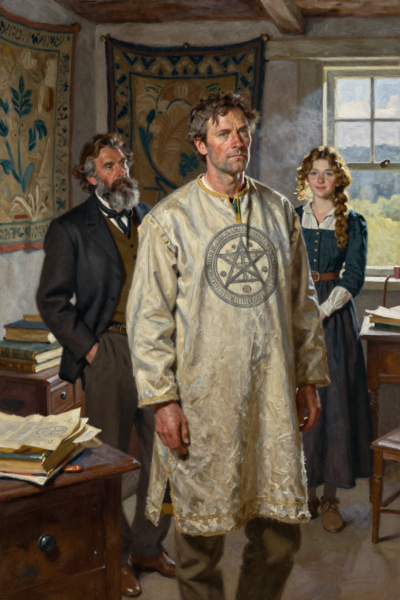 A middle-aged man with a tunic bearing the round table emblem stands in a dimly lit chamber, his gray-blue eyes narrowing thoughtfully as he leans forward.
