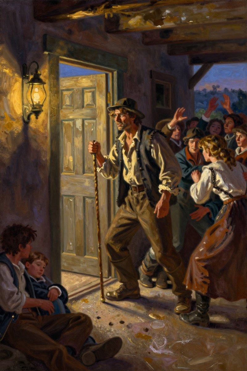 In the dimly lit chamber, a figure in tattered clothing and wielding a heavy walking-staff pauses at the door.