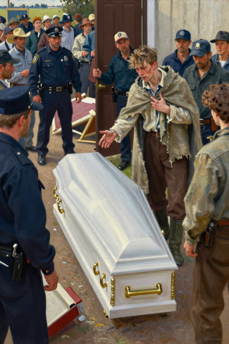 A crude board coffin lies at the door, surrounded by workmen and police clearing a path through a bustling crowd.